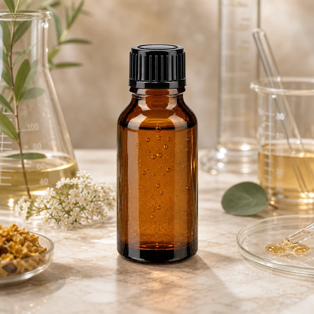 Lékárenská lahvička hnědá 15ml šroubovací uzávěr černý standard. Apothekerflasche 15ml UV-Schutz Braunglas mit Schraubverschluss und Naturkräutern im Hintergrund