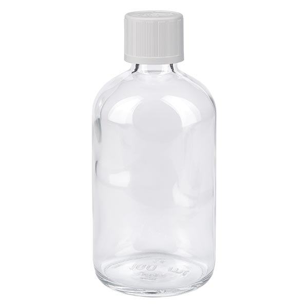 Lékárenská láhev čirá 100ml kapací uzávěr bílý dětem odolný st. Lékárenská láhev čirá 100ml kapací uzávěr bílý dětem odolný st.