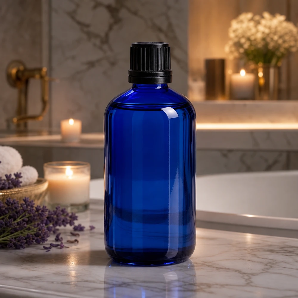 Lékárenská láhev modrá 100ml šroubovací uzávěr černý nalévací kroužek nedovolená manipulace s uzávěrem. Zylindrische 100ml Apothekerflasche kobaltblau mit OV-Verschluss neben Entspannungskerzen