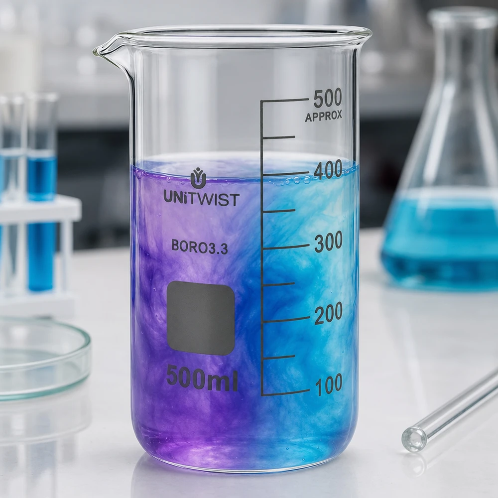 Kádinka 500 ml borosilikátová, vysoká forma UNiTWIST Messbecherglas 500ml hohe zylindrische Form mit Skalierung bis 500ml UNITWIST