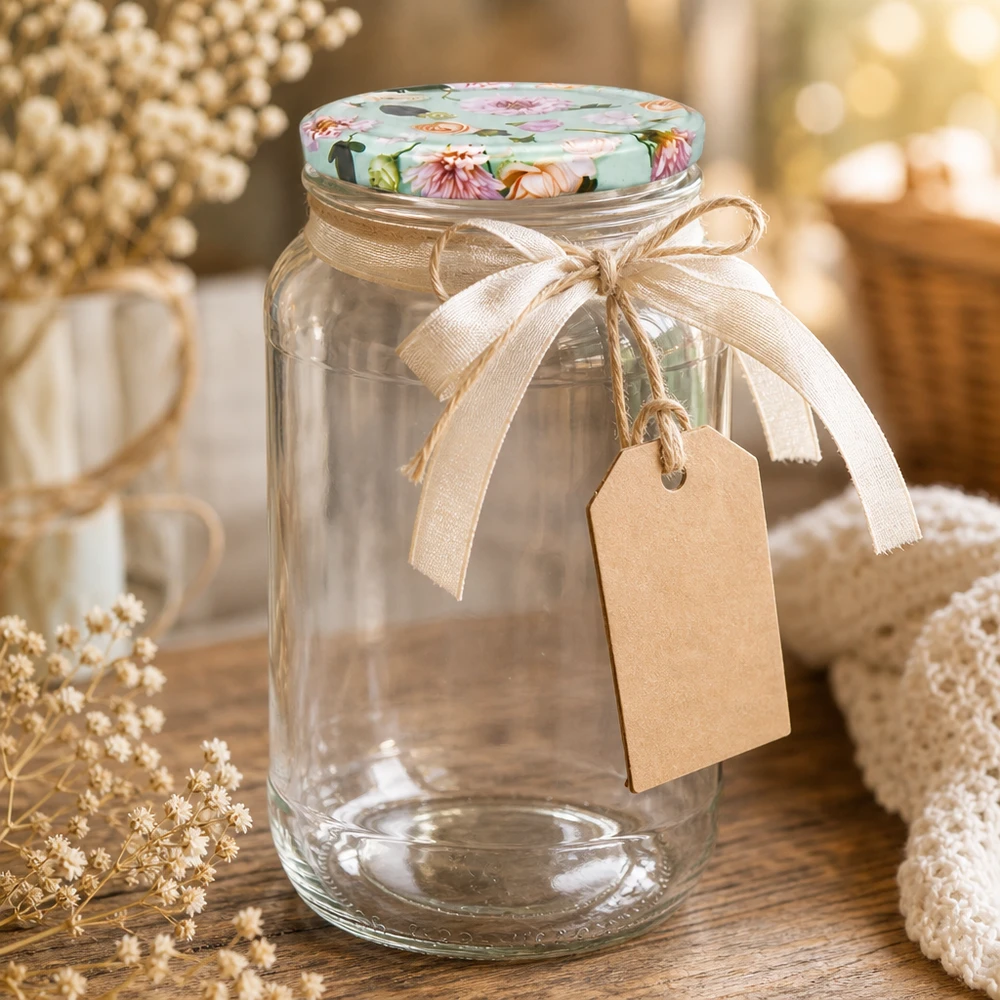 Dekoratives 1062ml Rundglas mit Blumen-Deckel mint Schleife und Anhänger als Geschenkidee Einmachglas