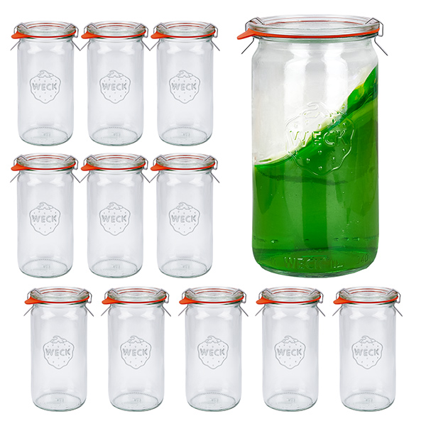 Sada 12 válcových sklenic Weck 340ml s 12 skleněnými víčky. Sada 12 válcových sklenic Weck 340ml s 12 skleněnými víčky.