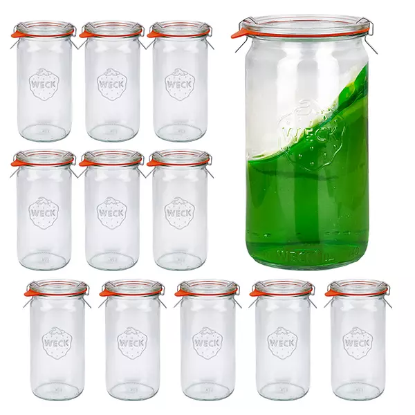 Sada 12 válcových sklenic Weck 340ml s 12 skleněnými víčky.