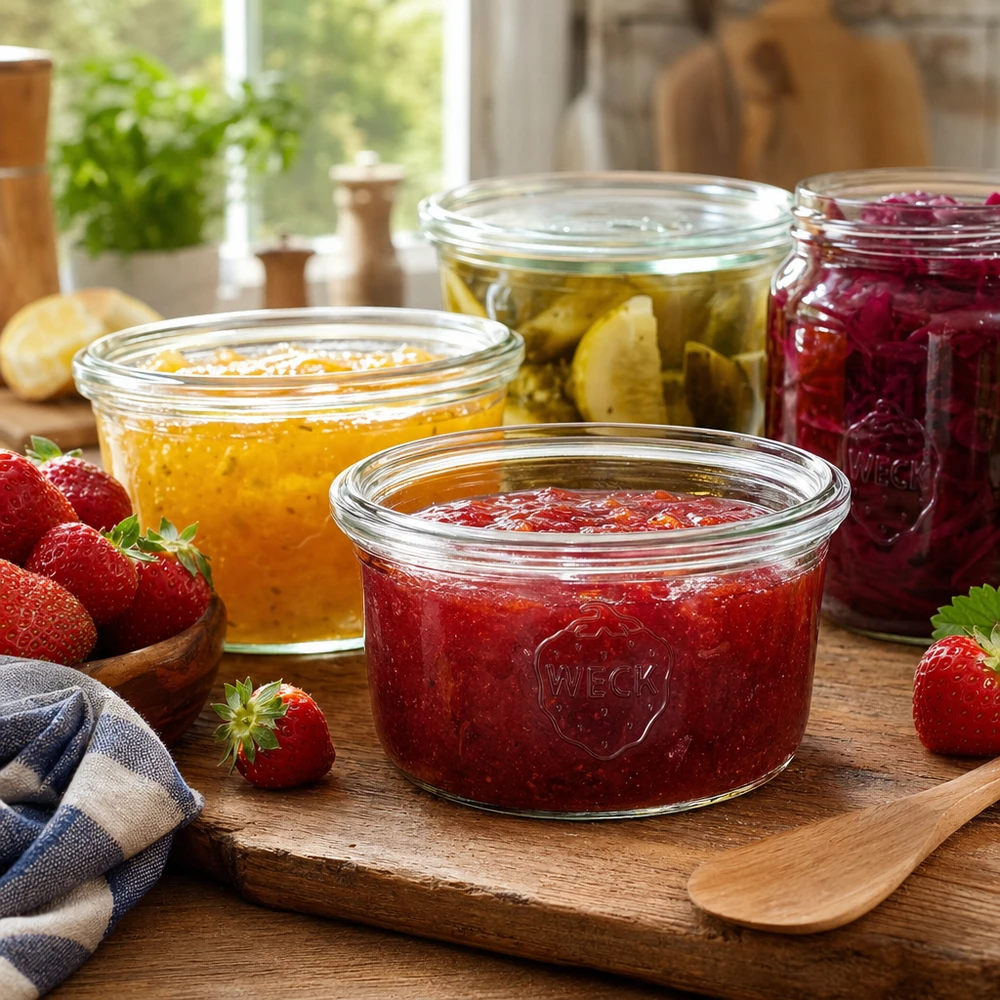 165ml tumble nádoba WECK RR80 se silikonovým silikonem. WECK 165ml Sturzglas RR80 mit Erdbeermarmelade auf Holzbrett neben anderen Einmachgläsern mit Konfitüre und frischen Erd