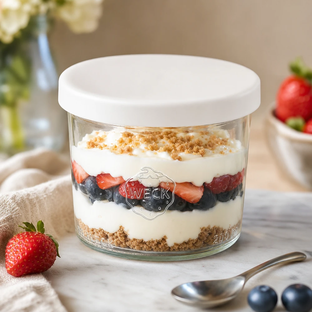 WECK Sturzglas 200ml RR80 mit Schichtdessert Beeren Joghurt weißer Silikondeckel Dessertglas für süße Nachspeisen