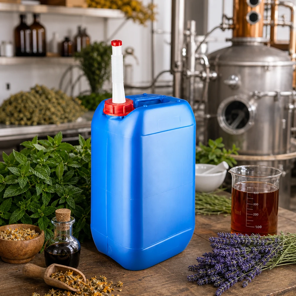 Kanystr 15 litrů modrý s výpustným potrubím Flex Stapelbarer Vorratsbehälter 15 Liter Blau mit Auslaufrohr im naturmedizinischen Produktionsbereich