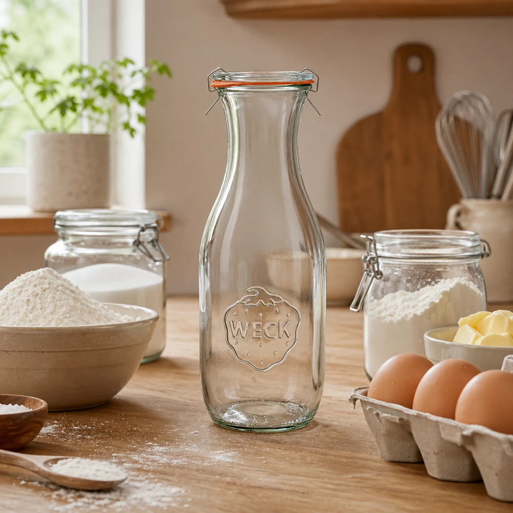 1062ml láhev na šťávu kompletní WECK RR60 WECK Saftflasche 1062ml RR60 leer in rustikaler Küche mit Backzutaten Mehl Eiern und Küchenutensilien