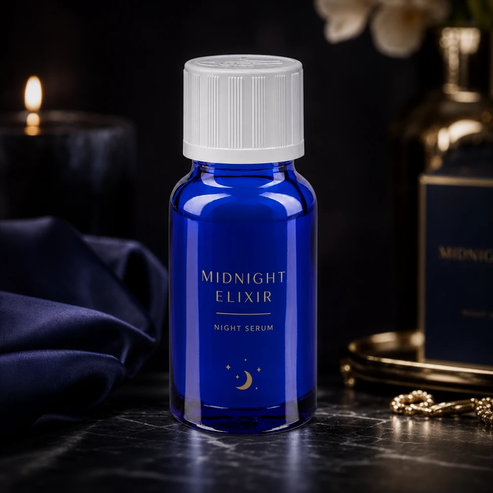 Lékárenská lahvička modrá 10ml kapátko bílý uzávěr odolný proti otevření dětmi standard. Kobaltblaues 10ml Apothekerglasfläschchen mit weißem Schraubverschluss und Mondmotiv-Etikett