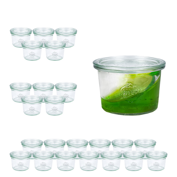 Sada 24 kelímků Weck 80ml s 24 skleněnými víčky. Sada 24 kelímků Weck 80ml s 24 skleněnými víčky.
