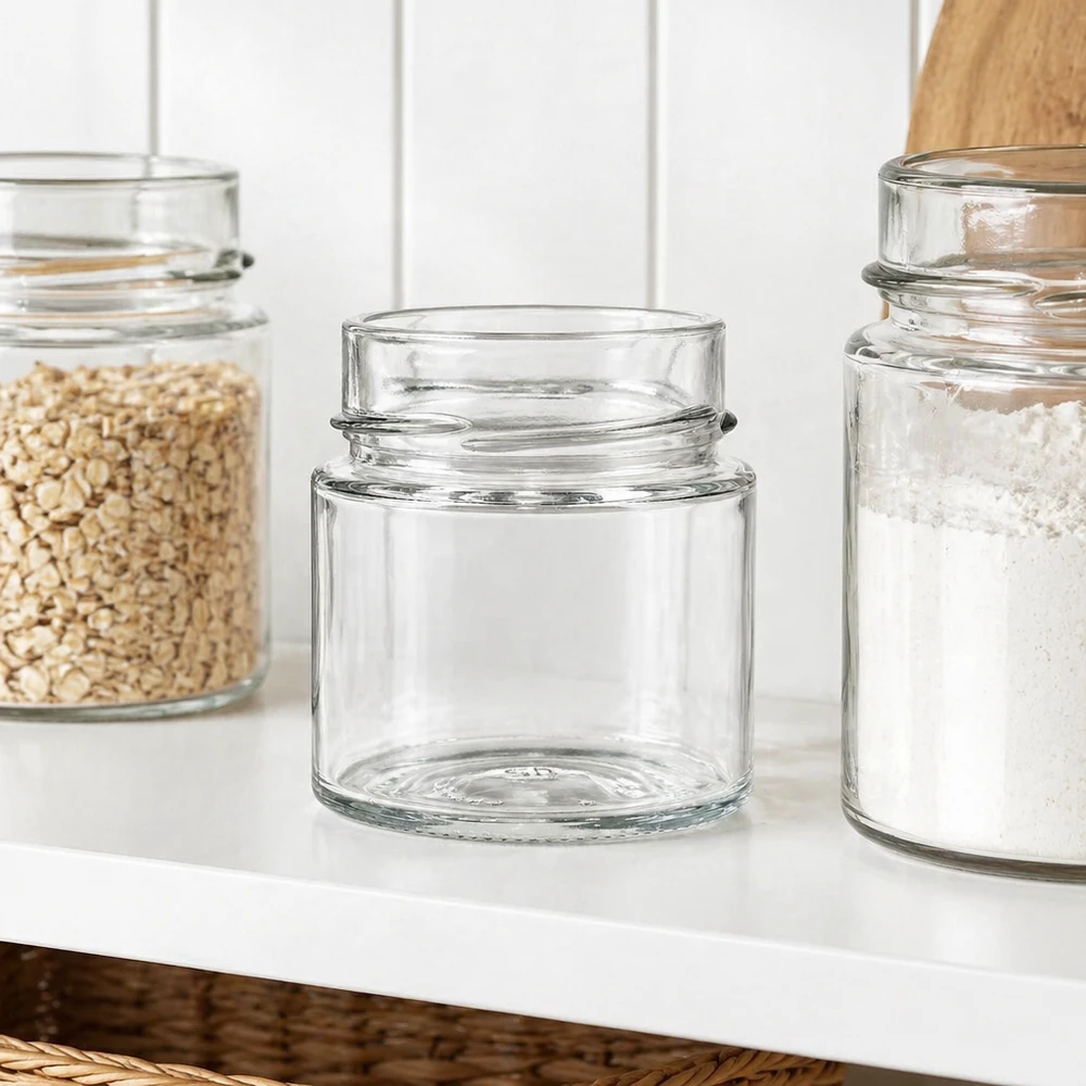 Kulatá sklenice o objemu 135 ml bez víčka (TO58deep) UNiTWIST UNiTWIST Runda135 Rundglas 135ml TO58deep leeres Glasgefäß für Küche Aufbewahrung neben gefüllten Vorratsgläsern