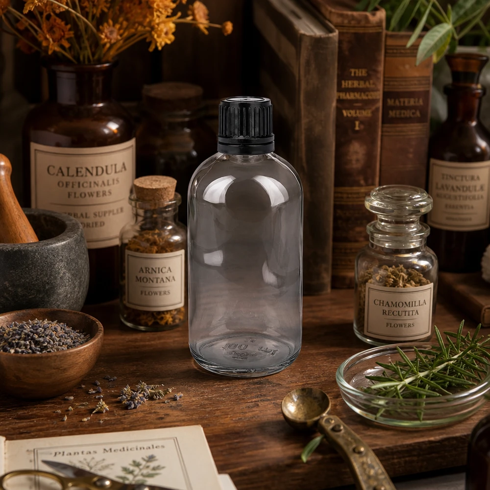 100ml globulová láhev 3mm nalévací kroužek černý standardní uzávěr ClearLine UT18/1 Globuliflasche 100ml Standard Klarglas neben Kräuterbüchern Mörser und Heilpflanzen