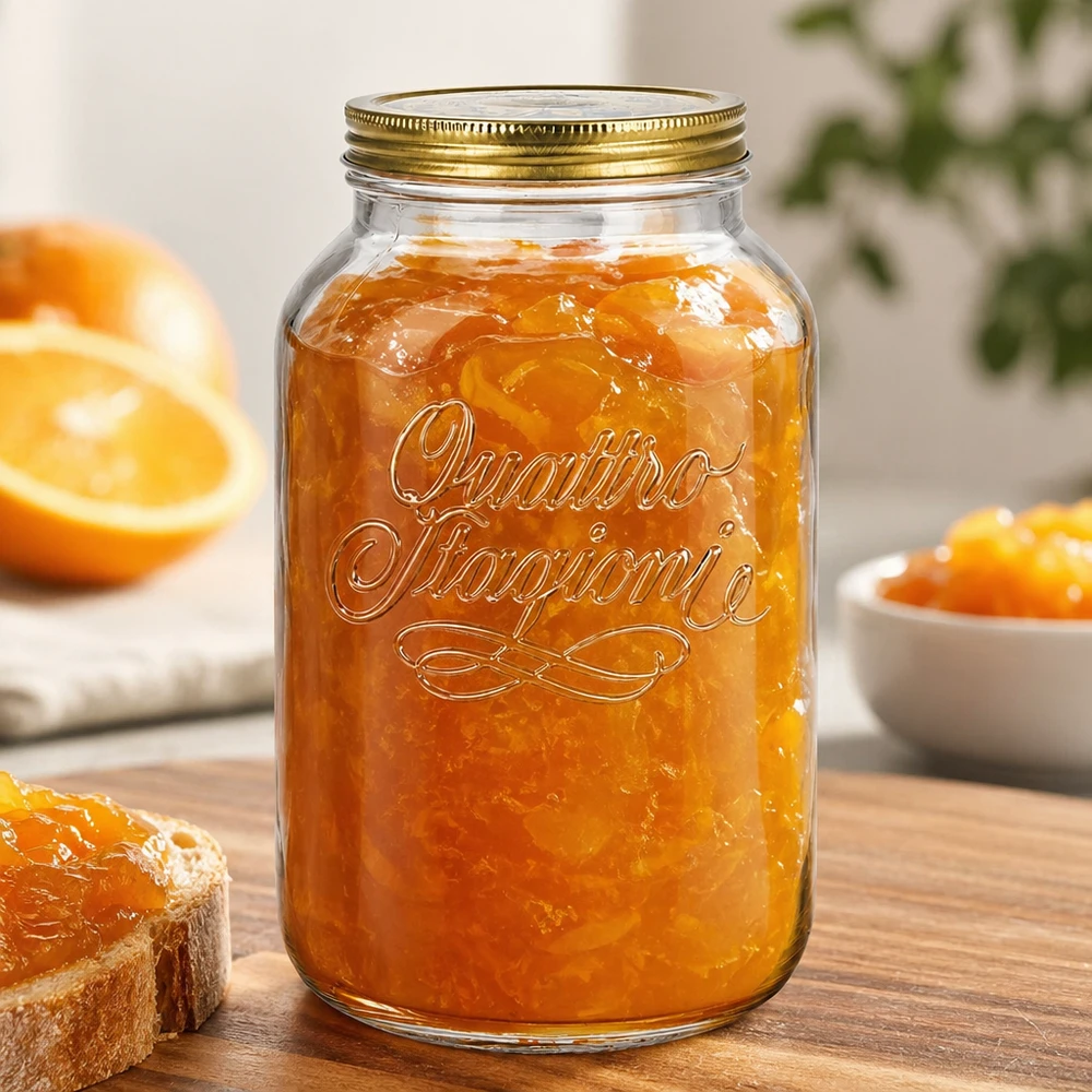 3800ml kulatá sklenice "Quattro Stagioni" s víčkem Quattro Stagioni 3800ml Einmachglas gefüllt mit Orangenmarmelade auf Holzbrett mit frischen Orangen und Brot