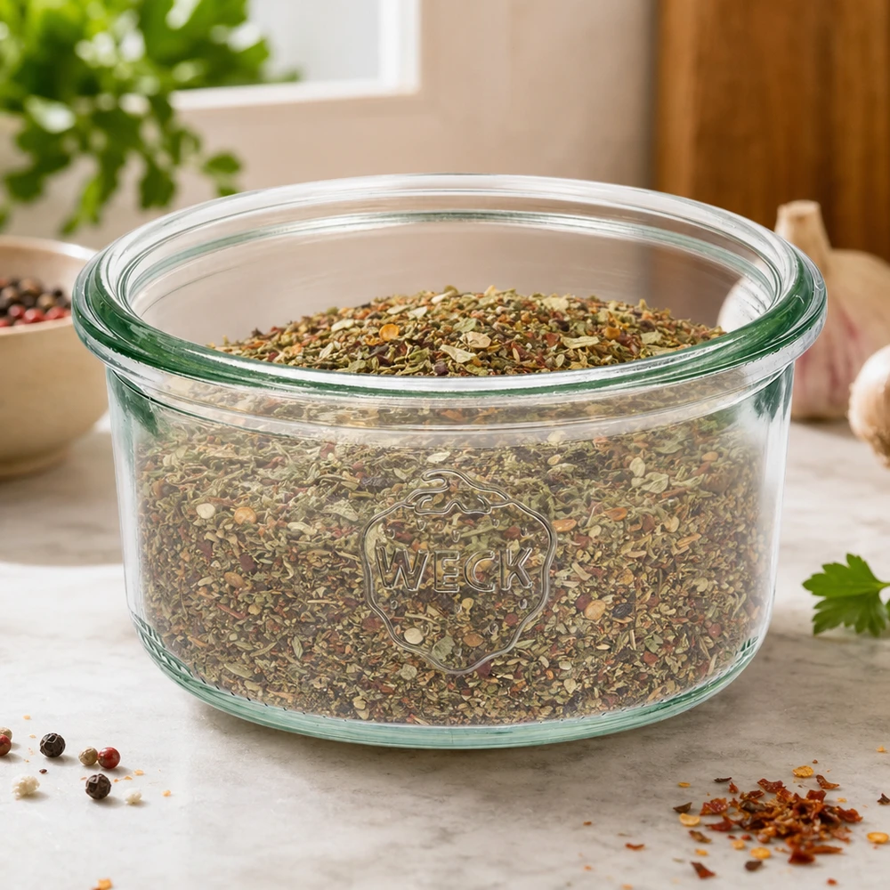 165ml tumble nádoba WECK RR80 se silikonovým silikonem. WECK Sturzglas 165ml RR80 mit Kräutern gefüllt auf Küchentheke mit Gewürzen und Pflanzen im Hintergrund