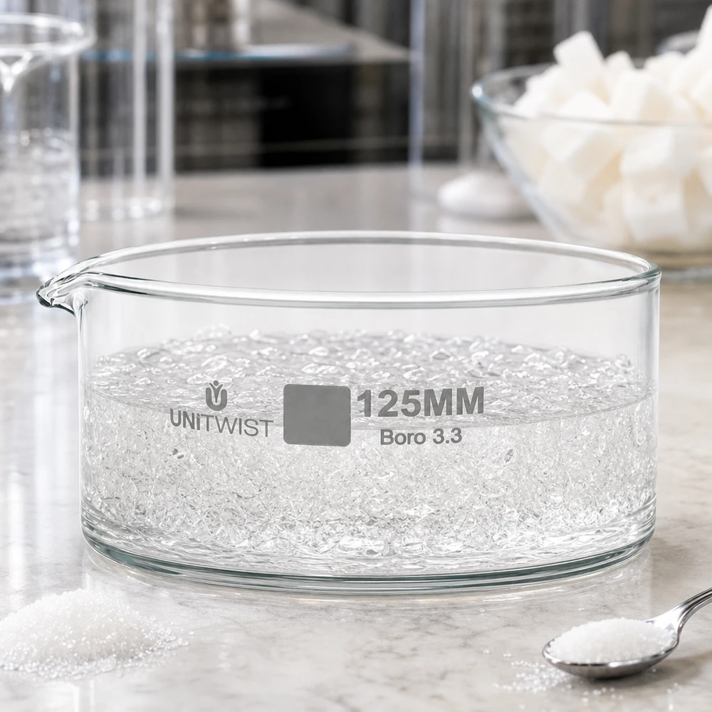 Krystalizační miska ø125mm z borosilikátového skla UNiTWIST Flache Glasschale UNiTWIST 125mm Borosilikatglas Boro 3.3 mit niedrigem zylindrischem Rand