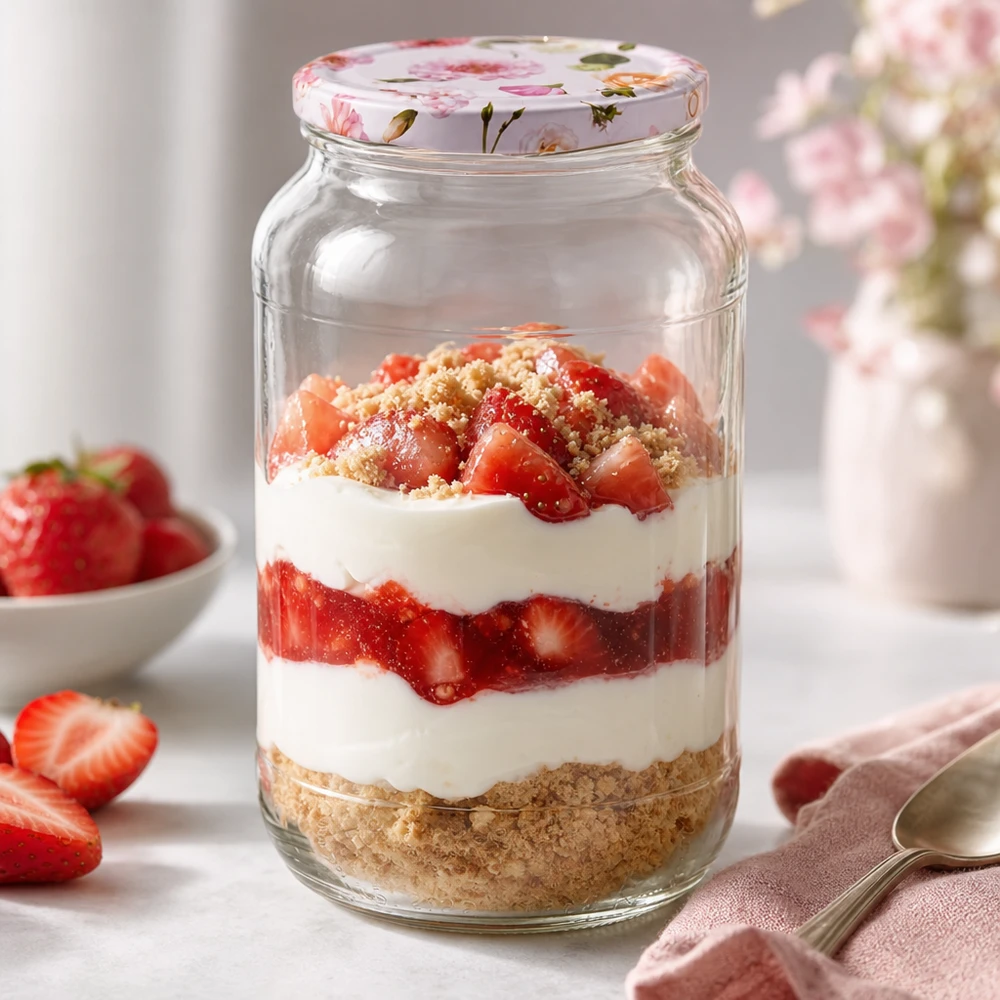 Schichtdessert im 1062ml Rundglas mit rosa Blumendeckel Erdbeeren Sahne Keksboden BasicSeal Verschluss Nachtisch