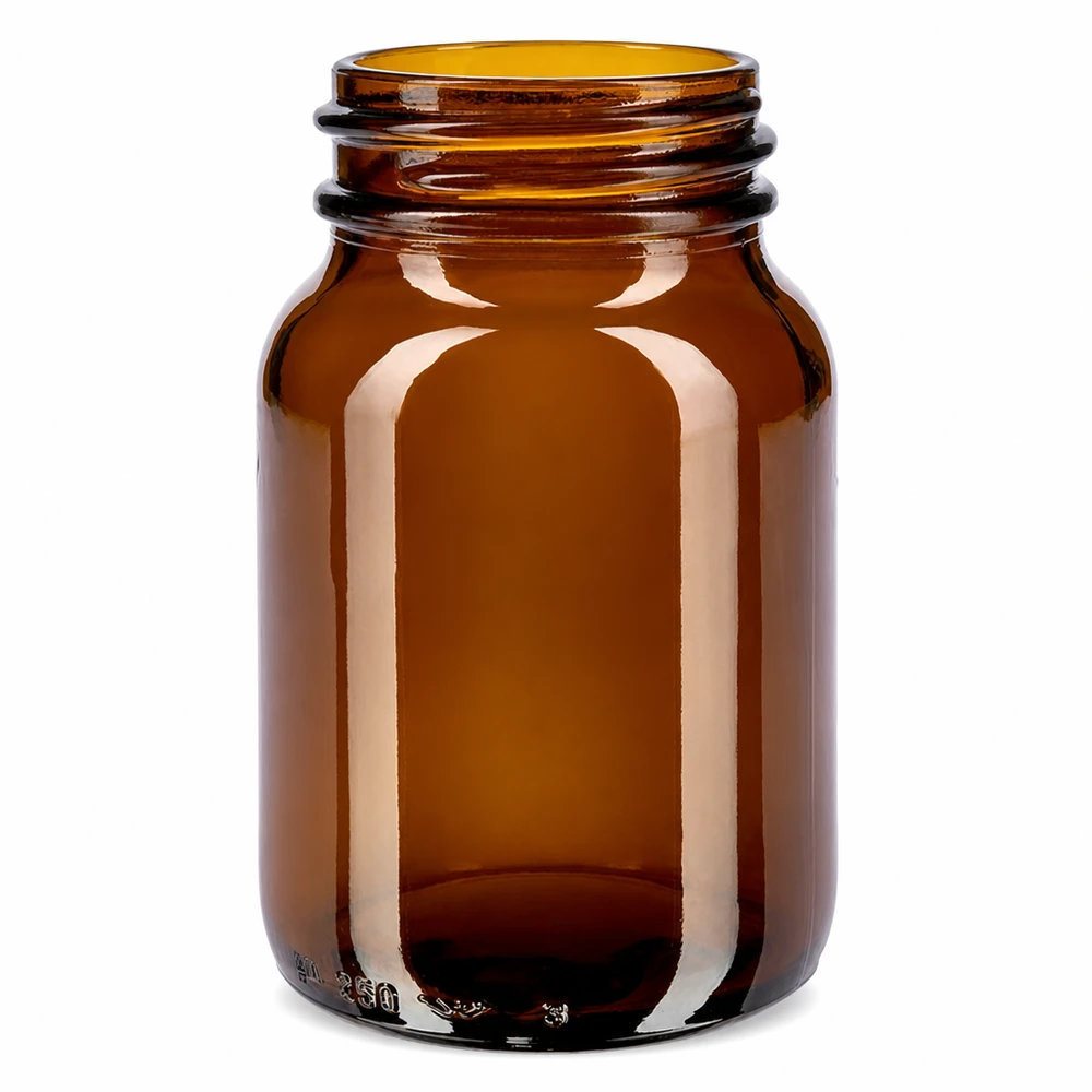 250ml láhev se širokým hrdlem jantarové sklo s uzávěrem Leere Glasflasche braun 250ml Weithals ideal für Cremes und Pulver