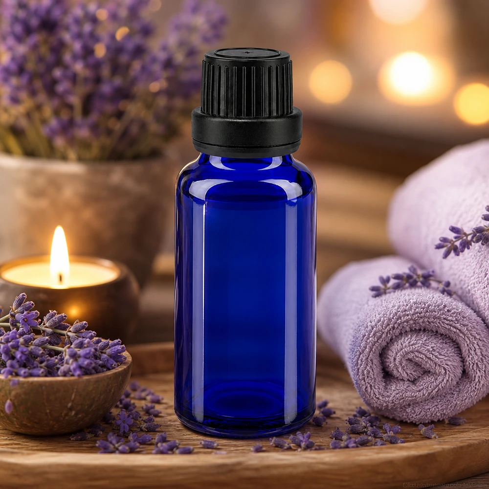 Lékárenská láhev modrá 20ml kapátko s nalévacím kroužkem 2mm černý tamper-evidentní uzávěr Kompakte 20ml Flasche aus kobaltblauem Apothekerglas mit Originalitätsverschluss für Essenzen