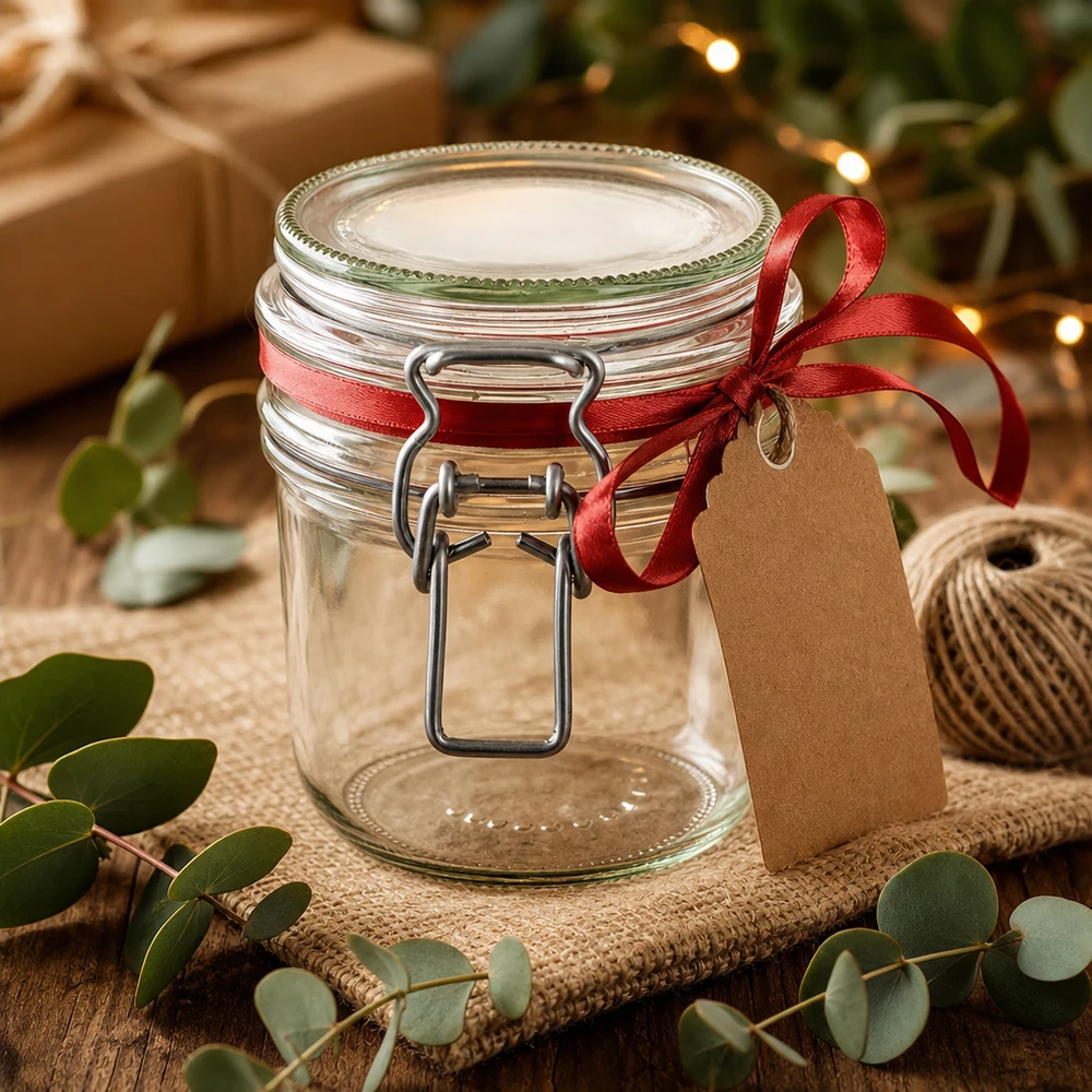 Skladovací sklenice o objemu 255 ml s gumovým kroužkem a výkyvným víčkem UNiTWIST. 255ml Vorratsglas mit Bügelverschluss als Geschenkidee mit roter Schleife und Geschenkanhänger dekoriert