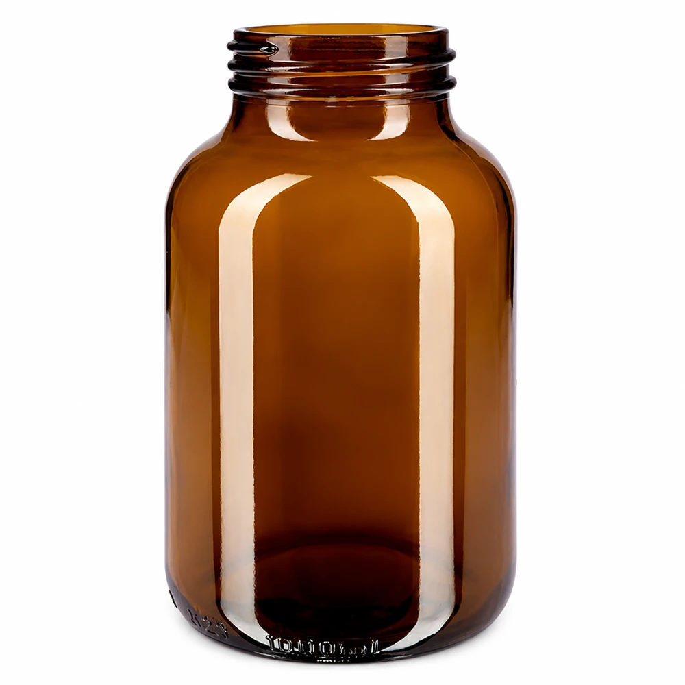 1000ml láhev se širokým hrdlem jantarové sklo s uzávěrem Bernsteinfarbene Glasflasche 1000ml mit breiter Öffnung für Pulver und Flüssigkeiten