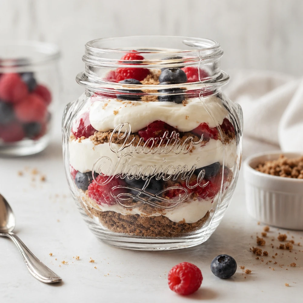 Kulatá sklenice 300ml "Quattro Stagioni" QS70mm 300ml Quattro Stagioni Haushaltsglas mit Schichtdessert aus Beeren, Creme und Kekskrümeln gefüllt