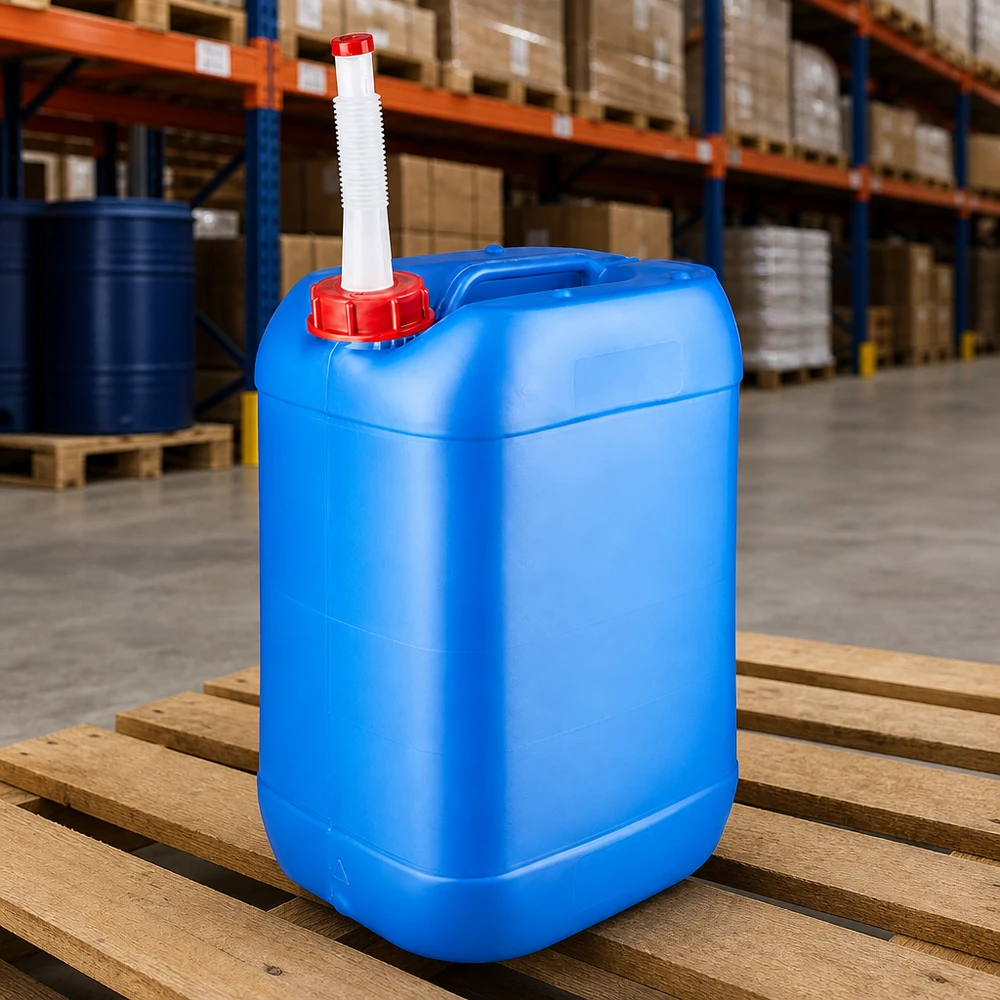 Vorratsbehälter 25 Liter Blau mit weißem Auslaufrohr und kindersicherem Verschluss aus Kunststoff