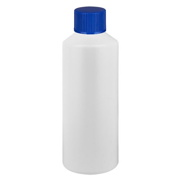 Lékárenská láhev HDPE 100ml bílá, s modrým šroubovacím uzávěrem Lékárenská láhev HDPE 100ml bílá, s modrým šroubovacím uzávěrem