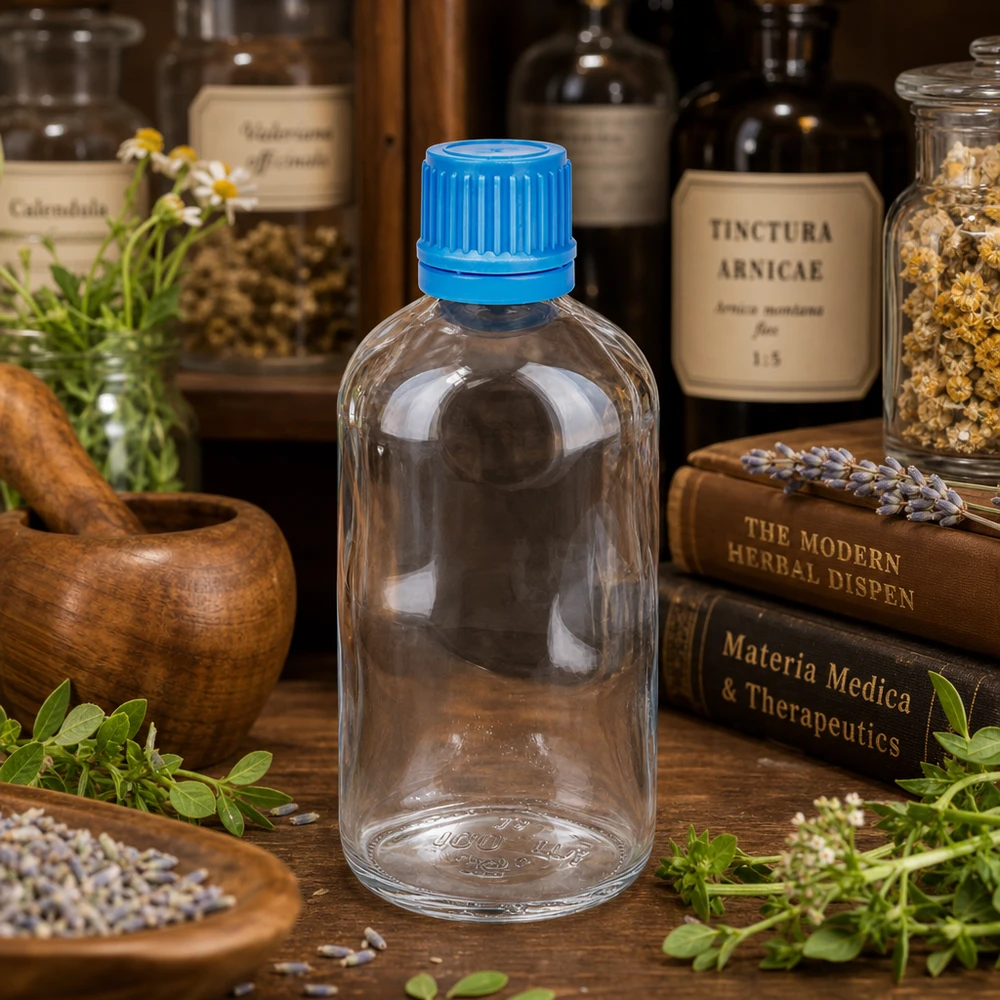 100ml UT18 Flasche mit blauem SV neben Calendula Valerian und Arnika Apothekengläsern