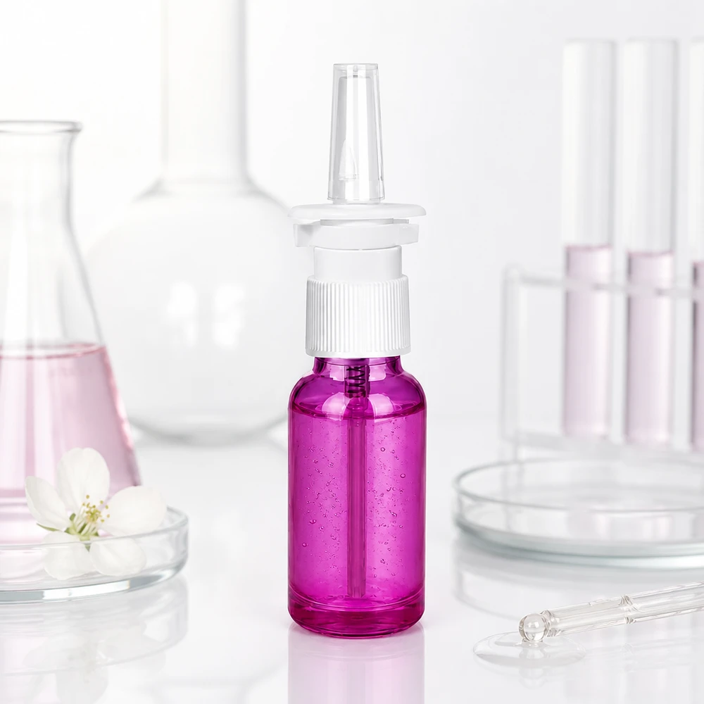 20ml lahvička s nosním rozprašovačem PurpleLine bílá/transparentní standardní. UT18/20 20ml Nasenspray-Behälter in Purple mit praktischem Pumpsprüher für gleichmäßige Verteilung