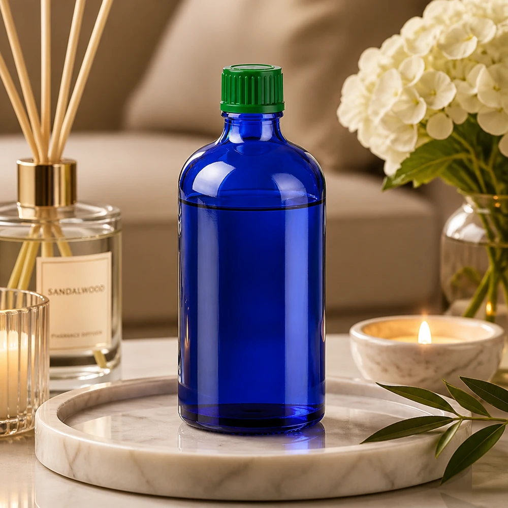 100ml láhev 11mm šroubovací uzávěr zelený Standard BlueLine UT18/100 Handliche 100ml Glasflasche in tiefem Blau ideal für Aromatherapie und Wellness-Produkte