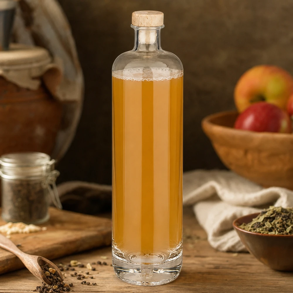 700ml Glasflasche "Eleganz" mit Holzgriffkorken UNiTWIST® 700ml Glasflasche Ella mit goldener Tinktur und Holzkorken umgeben von Gewürzen und Früchten in rustikaler Küche