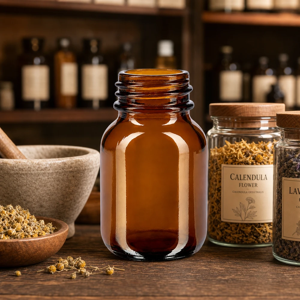 Vielseitige 50ml Weithalsflasche aus dunklem Glas für Heilkräuter und natürliche Präparate