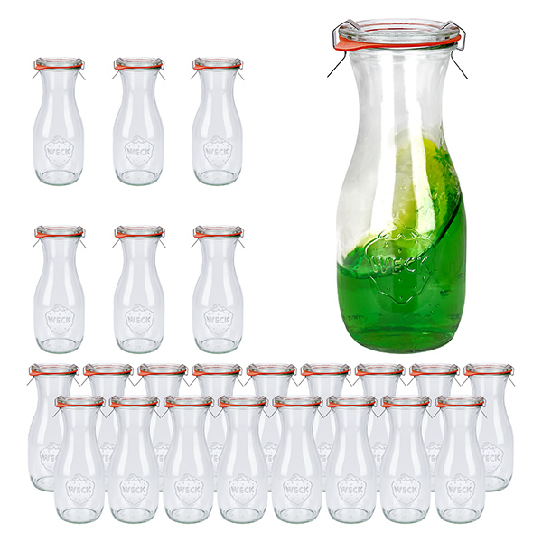Sada 24 sklenic Weck 530ml lahví na džus s 24 skleněnými víčky. Sada 24 sklenic Weck 530ml lahví na džus s 24 skleněnými víčky.