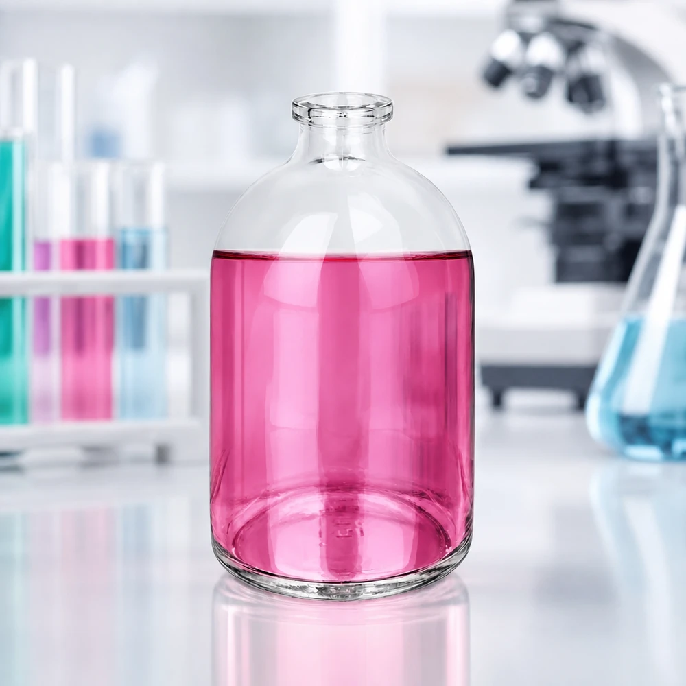 Injekční láhev z čirého skla 100ml Großaufnahme einer 100ml Injektionsflasche Klarglas mit pink gefärbtem Labormedium
