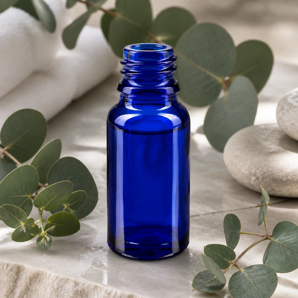 Blaue Glasflasche 10ml im klassischen Apothekerdesign für professionelle Präsentation