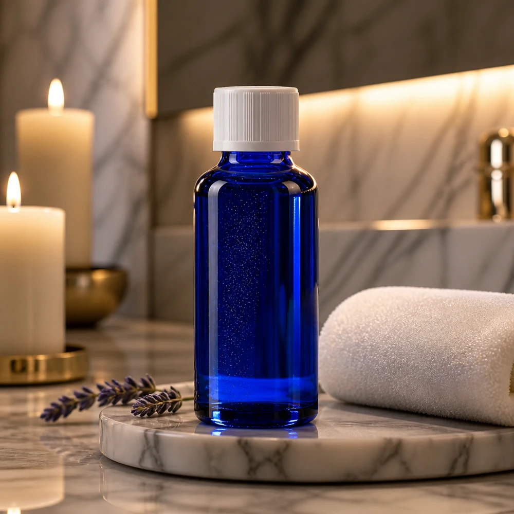Blaue 30ml Flasche mit weißem KiSi-Verschluss im stilvollen Badezimmer mit Kerzen und Handtuch