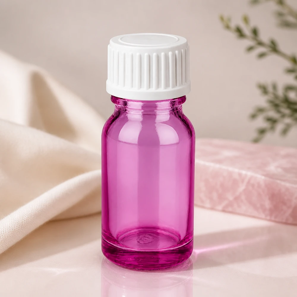 Lahvička o objemu 10 ml (globule). Nalévací kroužek 3 mm bílý standardní PurpleLine. UT18/10 Elegante 10ml Glasflasche in cyclamen mit stilvollem Design für Beauty und Wellness