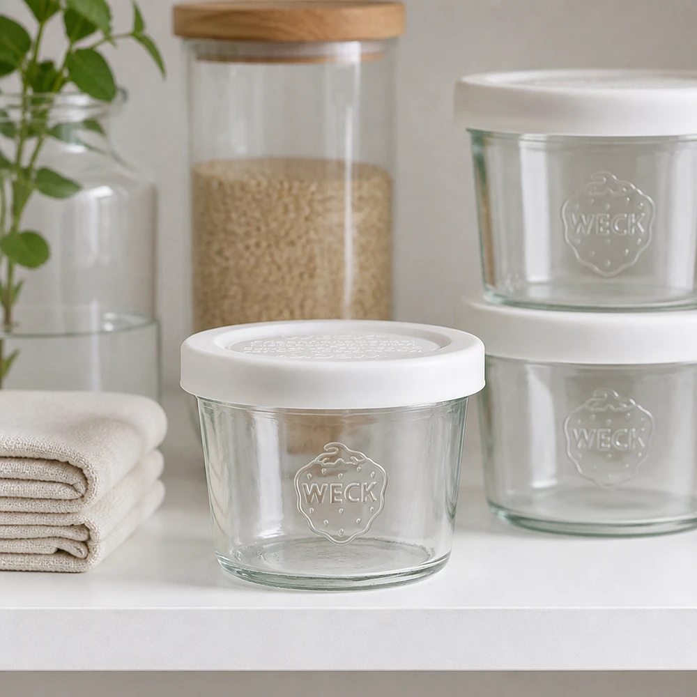 WECK Sturzglas 35ml RR40 in modernem Küchenregal mit anderen Vorratsgläsern, stilvolle Aufbewahrungslösung