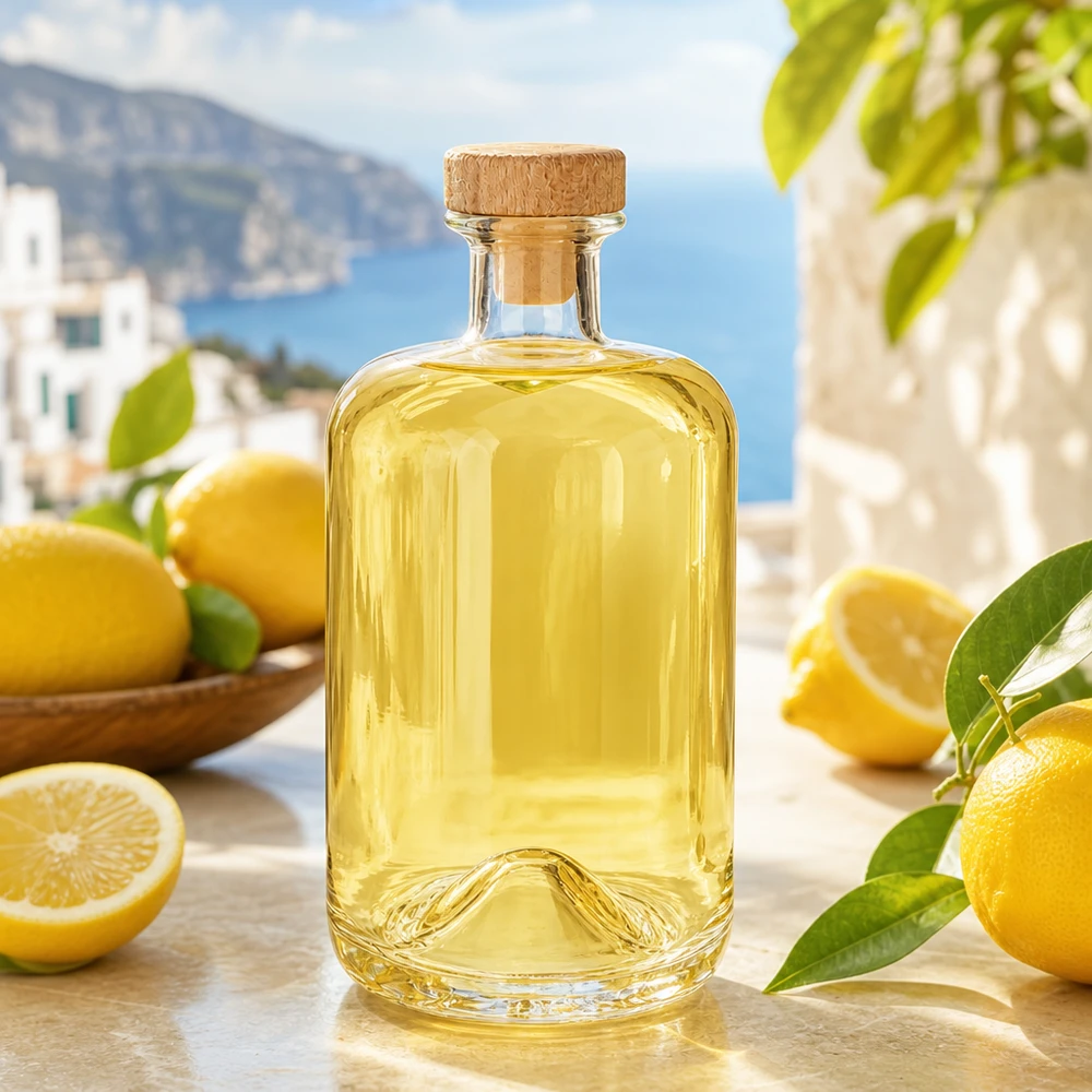 700ml Apothekenflasche "Classic" mit Holzgriffkorken UNiTWIST® 700ml Glasflasche Sofia mit Holzkorken gefüllt mit gelber Zitronenlikör in mediterraner Küstenkulisse mit Zitronen