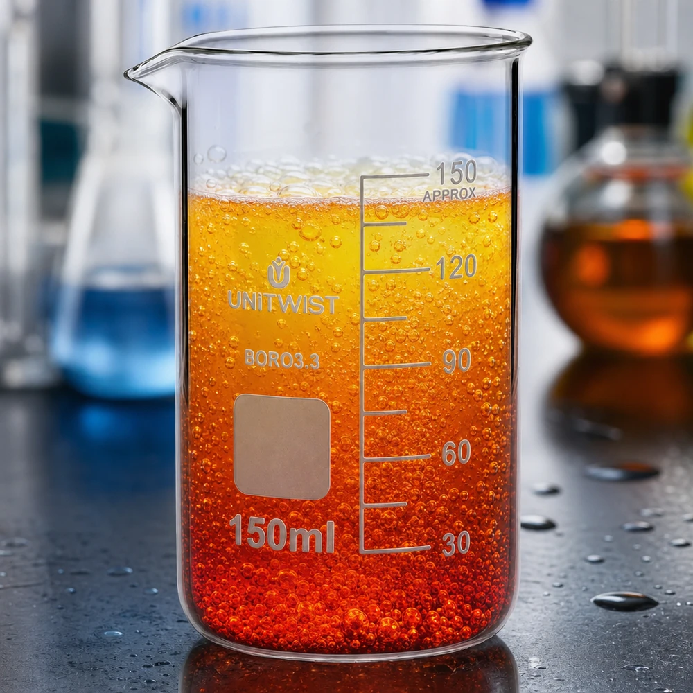 Kádinka 150ml borosilikátová, vysoká forma UNiTWIST Laborbecher UNITWIST 150ml Borosilikat 3.3 hohe Form mit reaktiver oranger Flüssigkeit und Schaum
