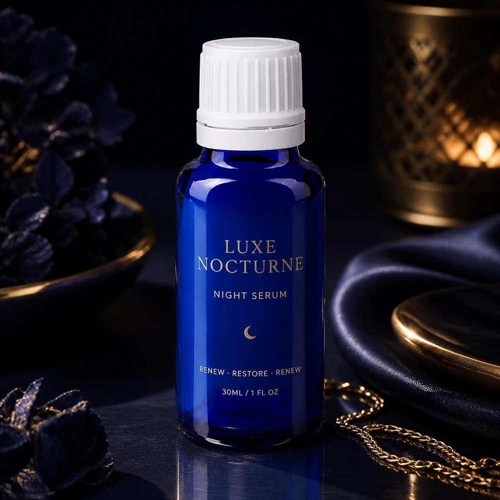 Lékárenská láhev modrá 20ml šroubovací uzávěr bílý tamper evident uzávěr. Elegante kobaltblaue 30ml Flasche mit weißem OV-Verschluss für luxuriöse Nacht-Hautpflegeprodukte