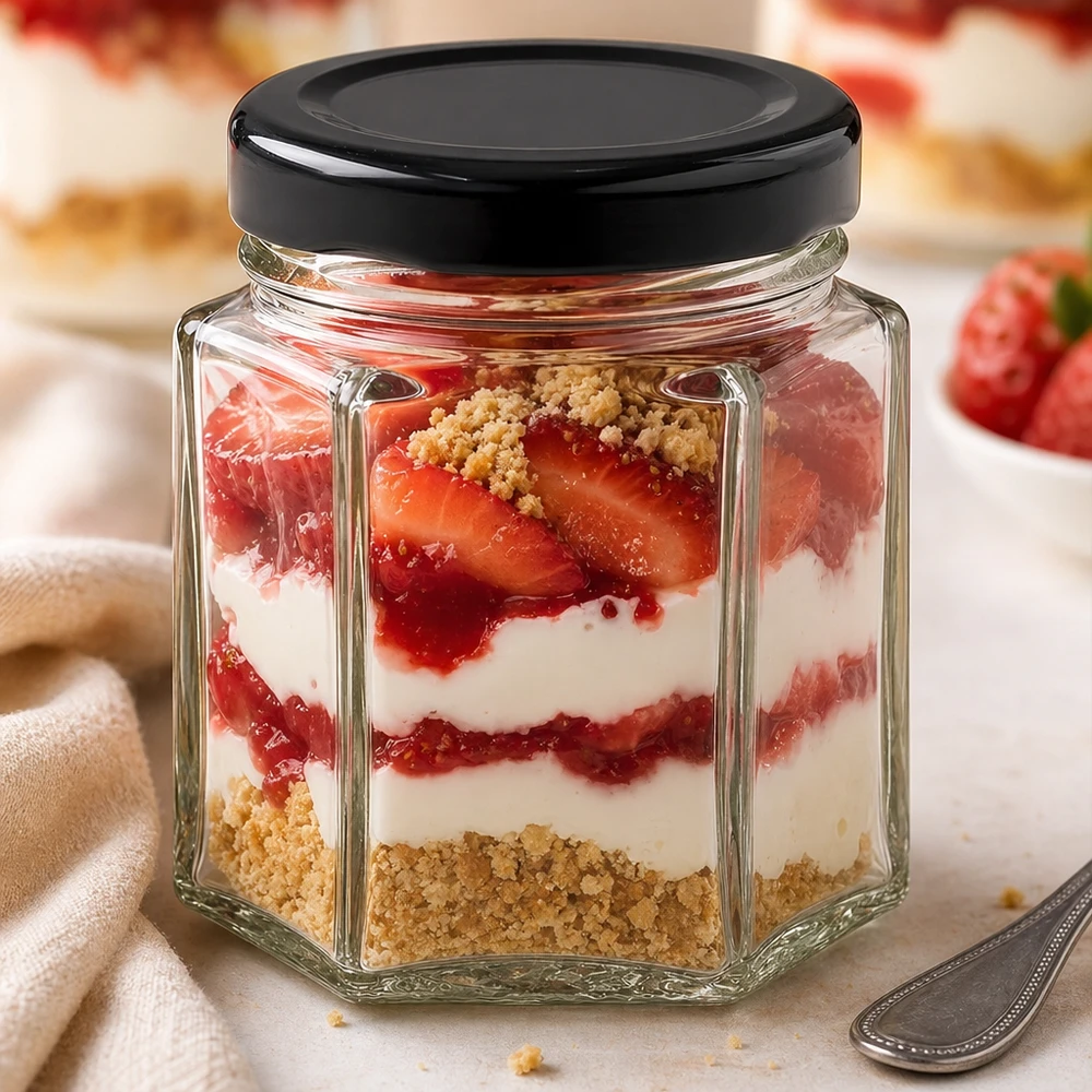47ml šestihranná sklenice s víčkem BasicSeal černá UNiTWIST. 47ml Hexaglas mit schwarzem Deckel als Dessertglas mit Schichtdessert aus Erdbeeren, Sahne und Kekskrümeln