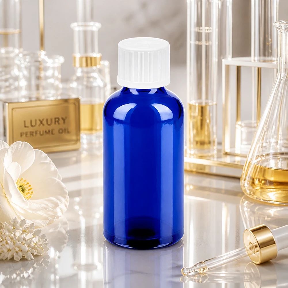 50ml láhev 11mm šroubovací uzávěr bílý standardní odolný proti otevření dětmi BlueLine UT18/50 Premium 50ml Glasflasche mit matter Oberfläche kombiniert Funktionalität und moderne Ästhetik