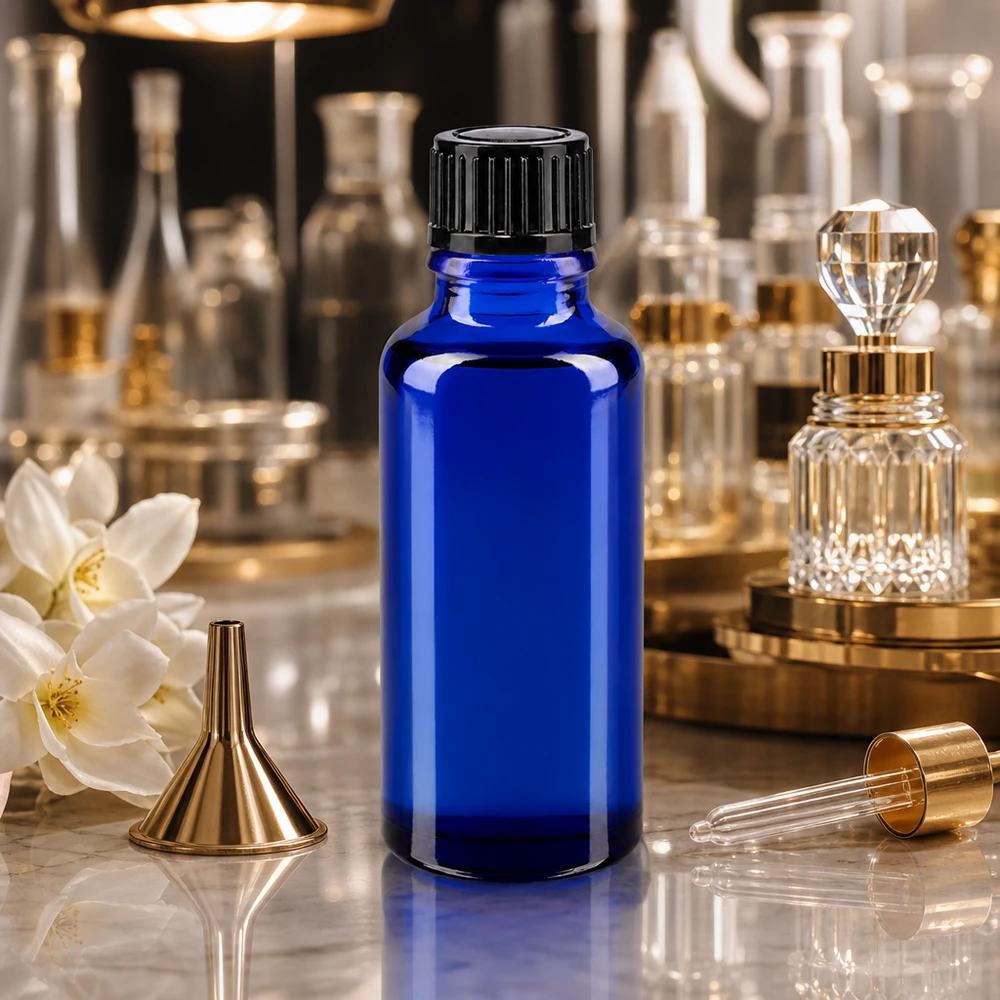 Lékárenská láhev modrá 30ml kapací uzávěr 1mm černý standardní Blaue 30ml Dosierflasche aus Apothekenglas mit weißen Jasminblüten und goldenen Flakonflaschen