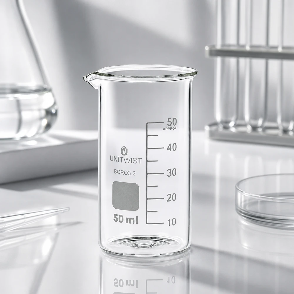 Kádinka 50ml borosilikátová, vysoká forma UNiTWIST Klares Becherglas 50ml hohe Form UNITWIST Borosilikat neben Erlenmeyerkolben im Laborstudio