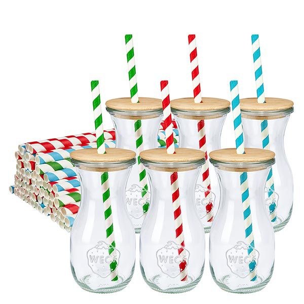 6 x 290ml láhev na šťávu WECK RR60 s dřevěným víčkem a 100 eco S 6 WECK Saftflaschen 290ml mit Holzdeckel und bunten Öko-Papierstrohhalmen grün rot blau gestreift Glasflaschen Set