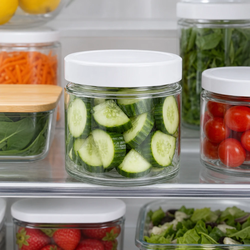 135ml Rundglas BasicSeal Deckel weiß Kühlschrank Meal Prep geschnittene Gurken Gemüseaufbewahrung Frischhaltung