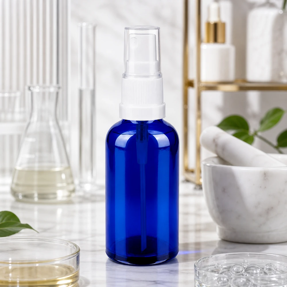 50ml lahvička s rozprašovačem bílá/transparentní standardní uzávěr BlueLine UT18/50 Vielseitige Sprühflasche für DIY-Kosmetik und selbstgemischte Hautpflege-Lösungen