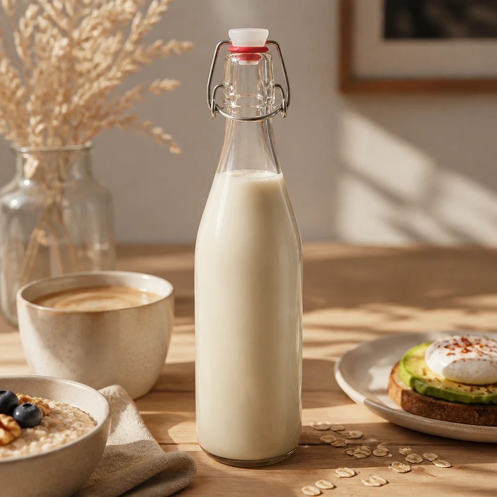 500ml skleněná láhev + otočný vršek PVC UNiTWIST 500ml Glasflasche Bügelverschluss mit Hafermilch befüllt warmes Frühstücksambiente Pflanzenmilch Milchersatz
