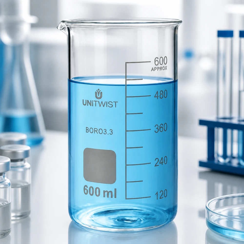 Kádinka 600 ml borosilikátová, vysoká forma UNiTWIST Professionelles Laborglas UNITWIST 600ml hohe Form Borosilikat 3.3 mit Skala 120 bis 600ml