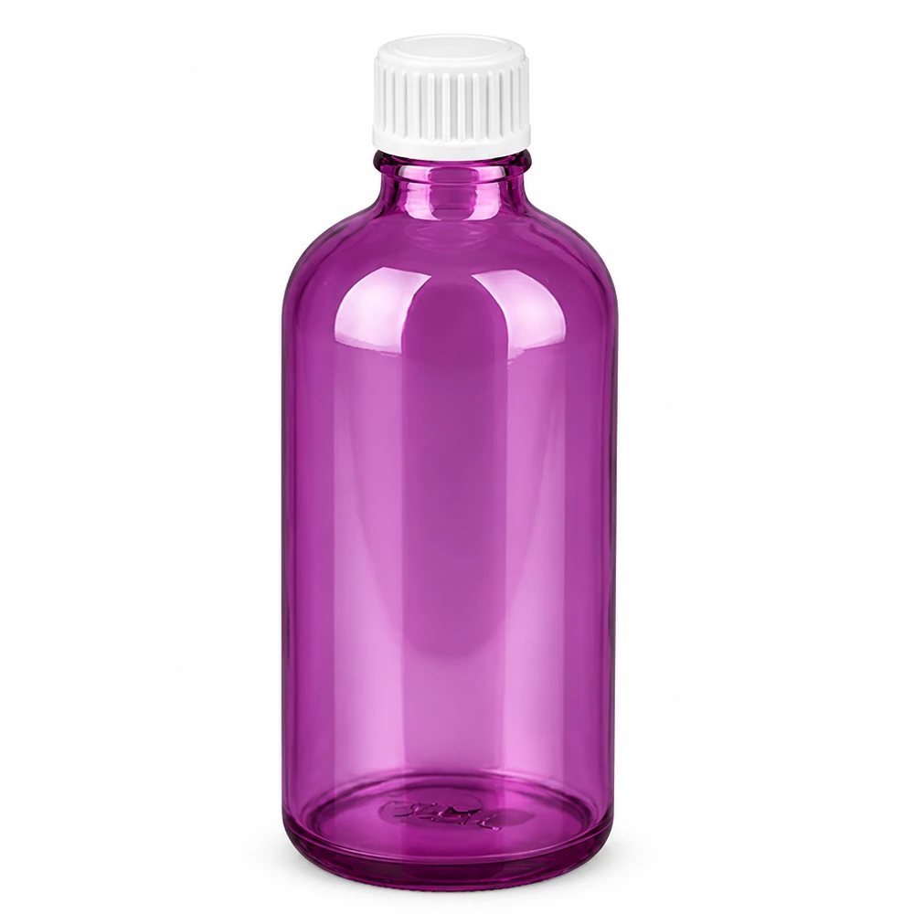 100ml (globulová) lahvička s 3mm nalévacím kroužkem bílá Standard PurpleLine. UT18/100 3mm starke Glasflasche 100ml in Purple für professionelle Anwendungen im Labor